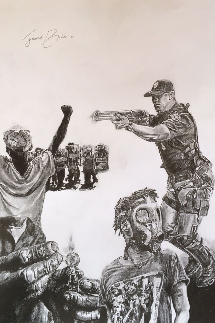 Struggle, an artwork created by Jarred Baker. A tribute to the South African riots. Jarred Baker Artist.